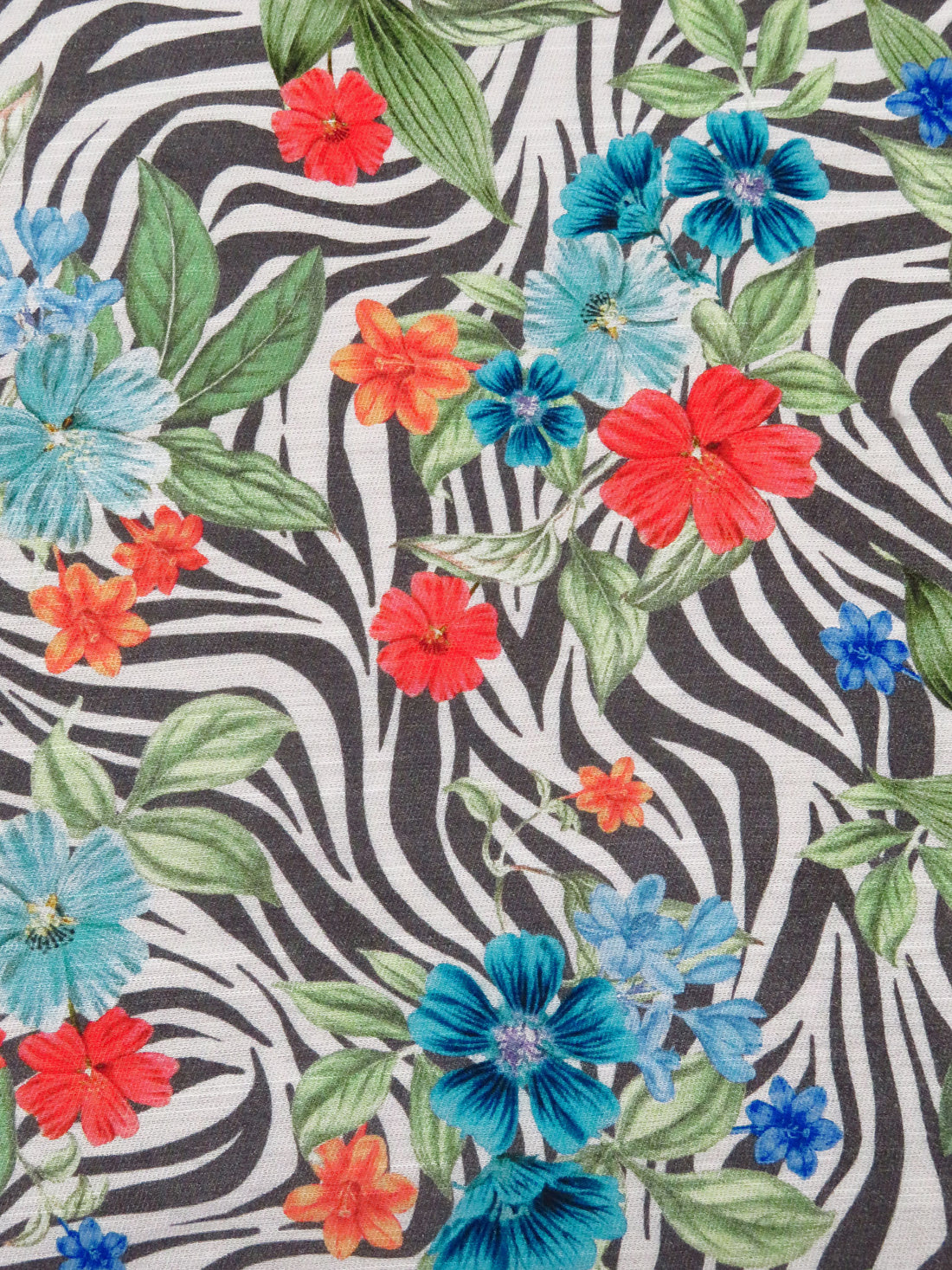 Dark Gray/Fern Green/Coral Red/Multi Rayon/Linen Tropical Floral On Zebra Stripe Print Twill Shirting - NY Designer - 55W