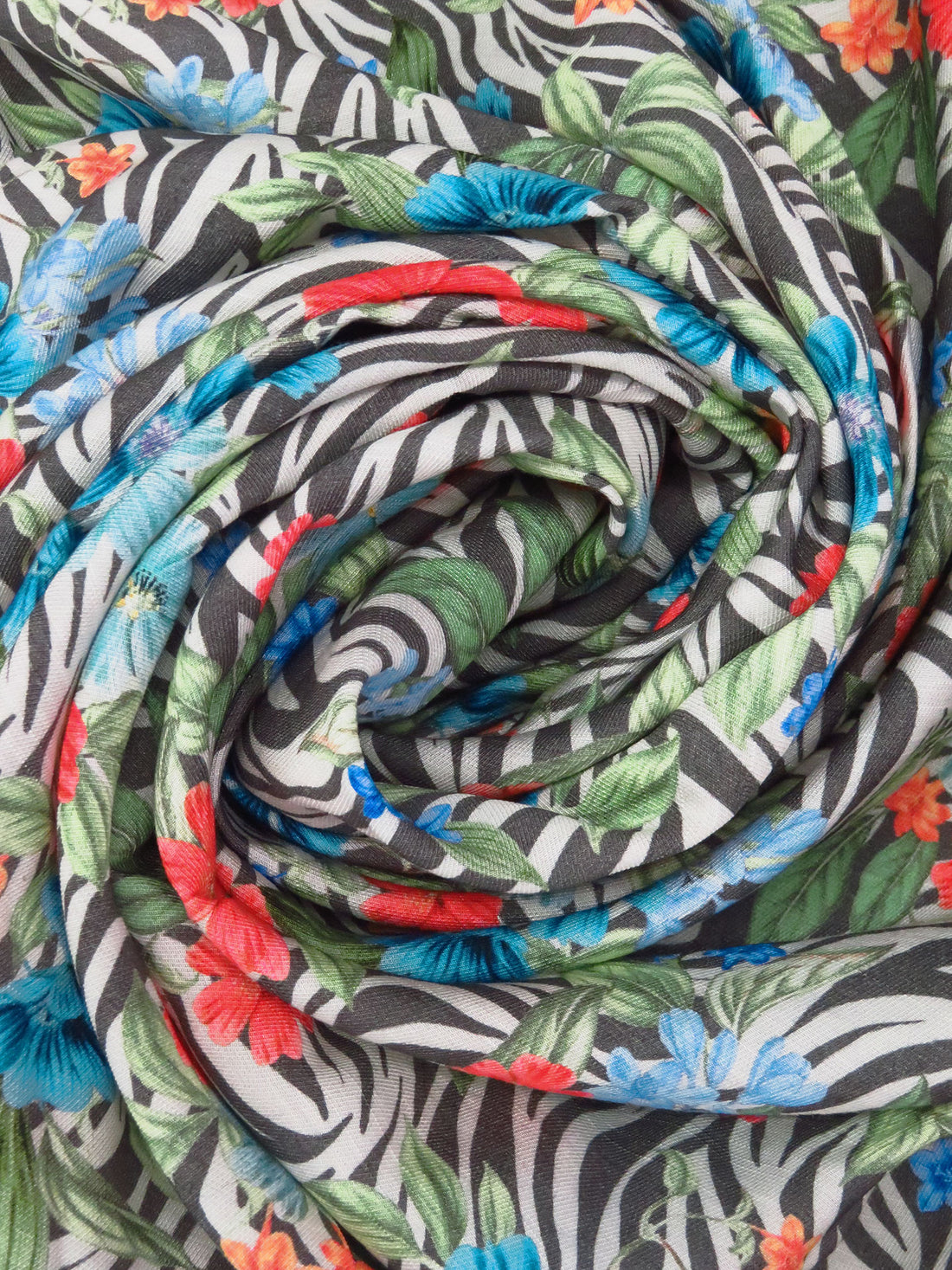 Dark Gray/Fern Green/Coral Red/Multi Rayon/Linen Tropical Floral On Zebra Stripe Print Twill Shirting - NY Designer - 55W