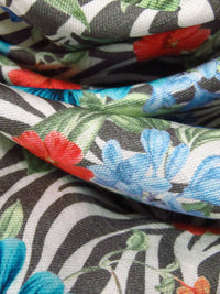 Dark Gray/Fern Green/Coral Red/Multi Rayon/Linen Tropical Floral On Zebra Stripe Print Twill Shirting - NY Designer - 55W