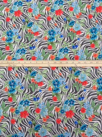Dark Gray/Fern Green/Coral Red/Multi Rayon/Linen Tropical Floral On Zebra Stripe Print Twill Shirting - NY Designer - 55W