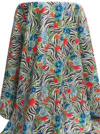 Dark Gray/Fern Green/Coral Red/Multi Rayon/Linen Tropical Floral On Zebra Stripe Print Twill Shirting - NY Designer - 55W