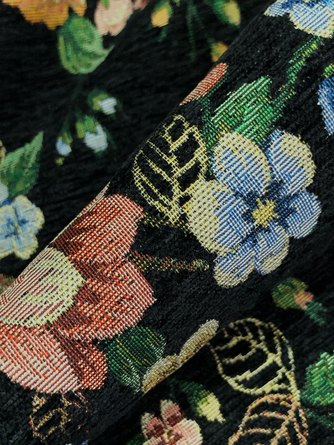 Black/Soft Blue/Dark Spring Green/Multi 100% Polyester Floral Tapestry Brocade - NY Designer - 58W