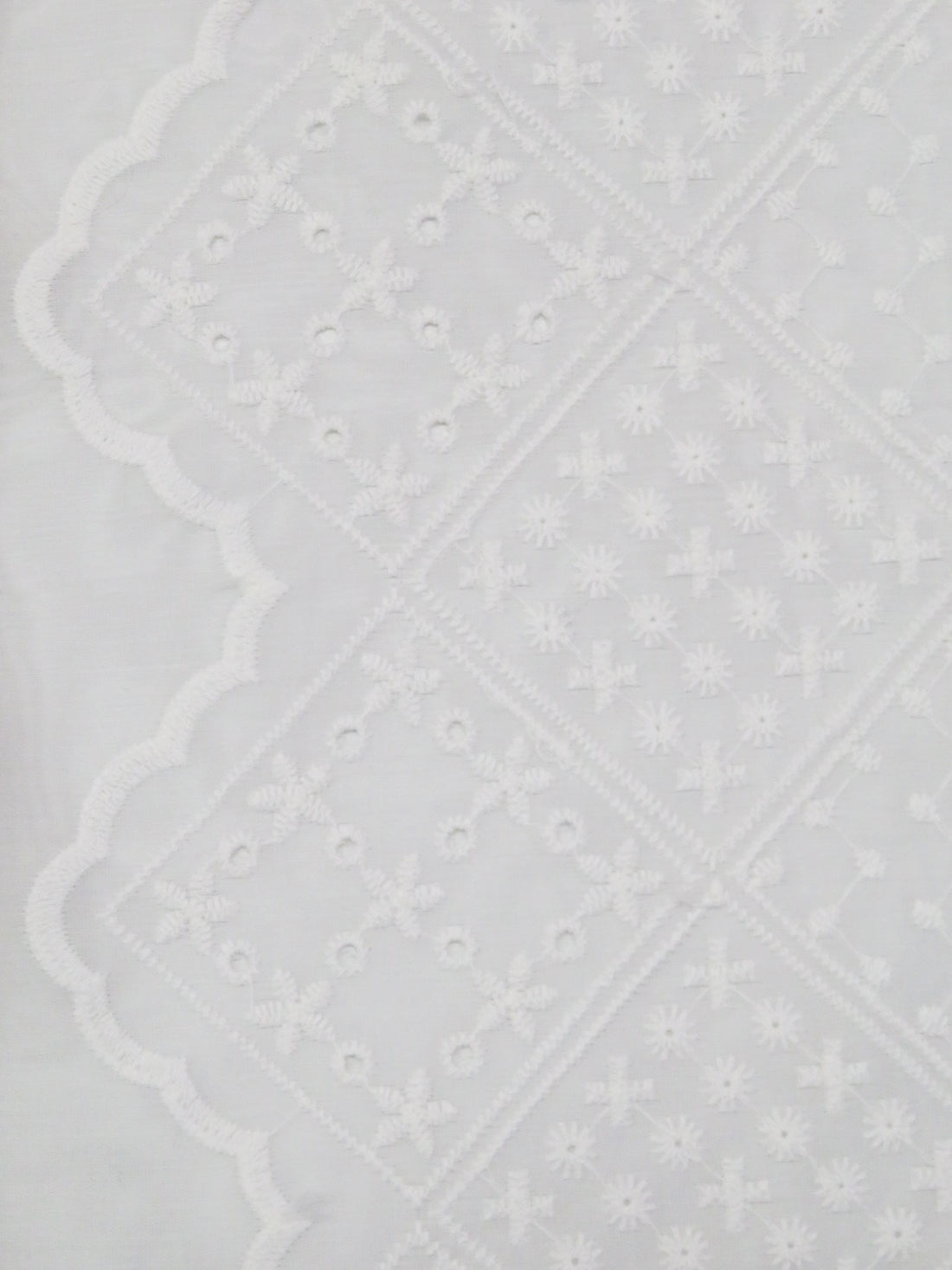 White Cotton/Polyester Double Border Stylized Diamond Embroidered Eyelet Voile - NY Designer - 53W