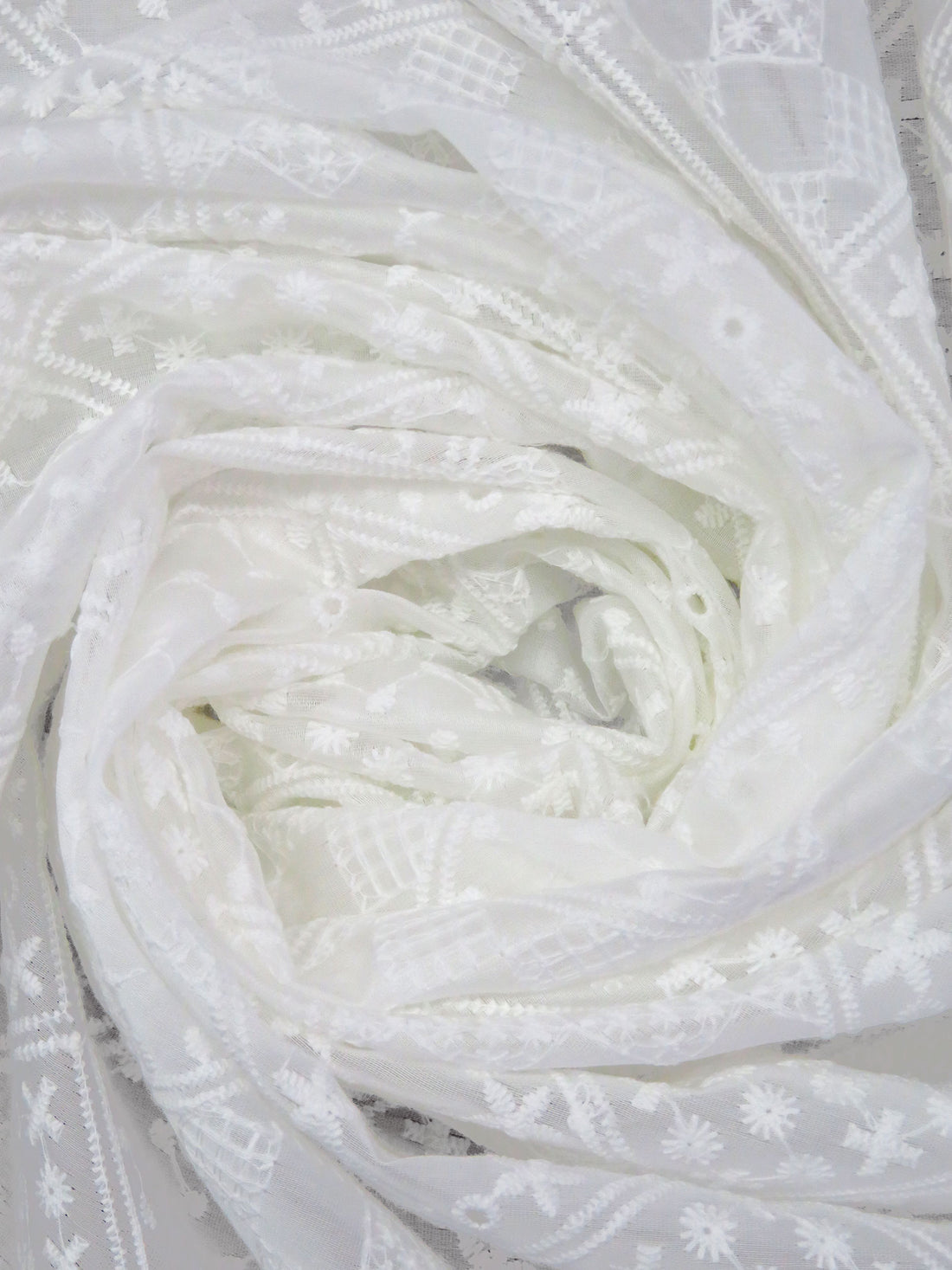 White Cotton/Polyester Double Border Stylized Diamond Embroidered Eyelet Voile - NY Designer - 53W