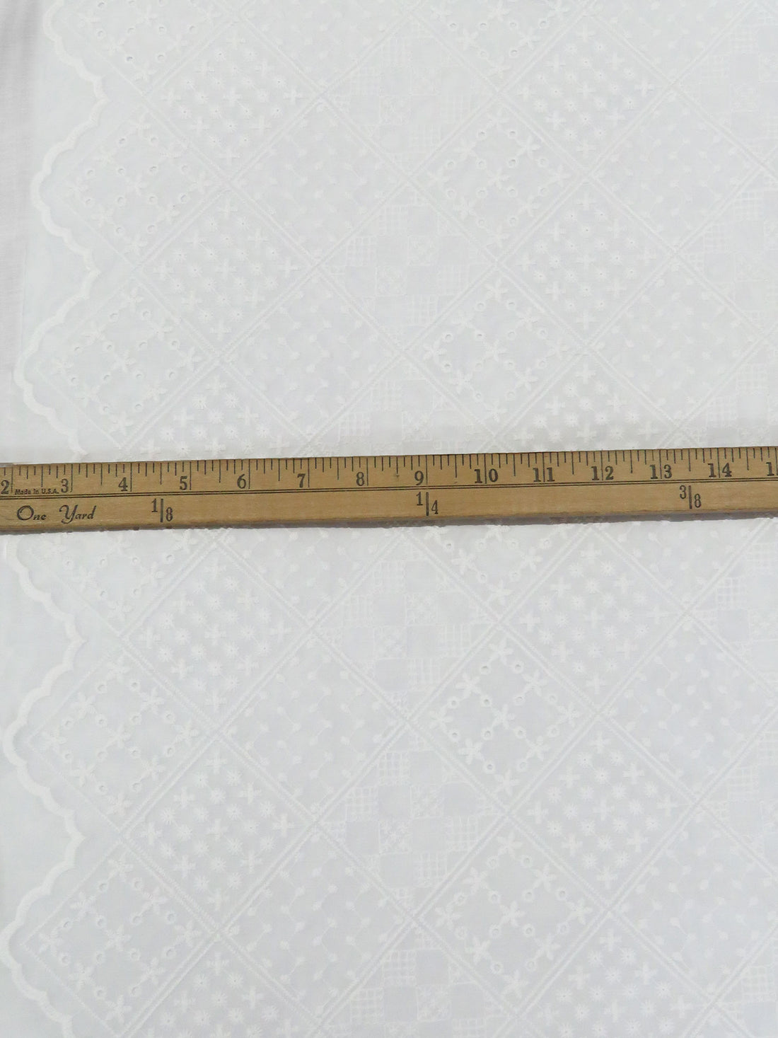 White Cotton/Polyester Double Border Stylized Diamond Embroidered Eyelet Voile - NY Designer - 53W