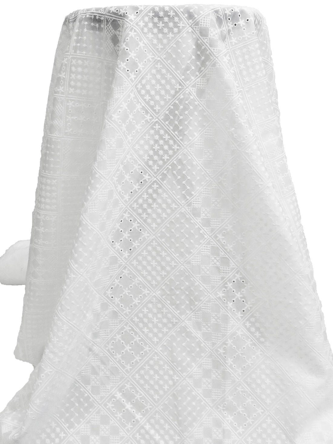 White Cotton/Polyester Double Border Stylized Diamond Embroidered Eyelet Voile - NY Designer - 53W