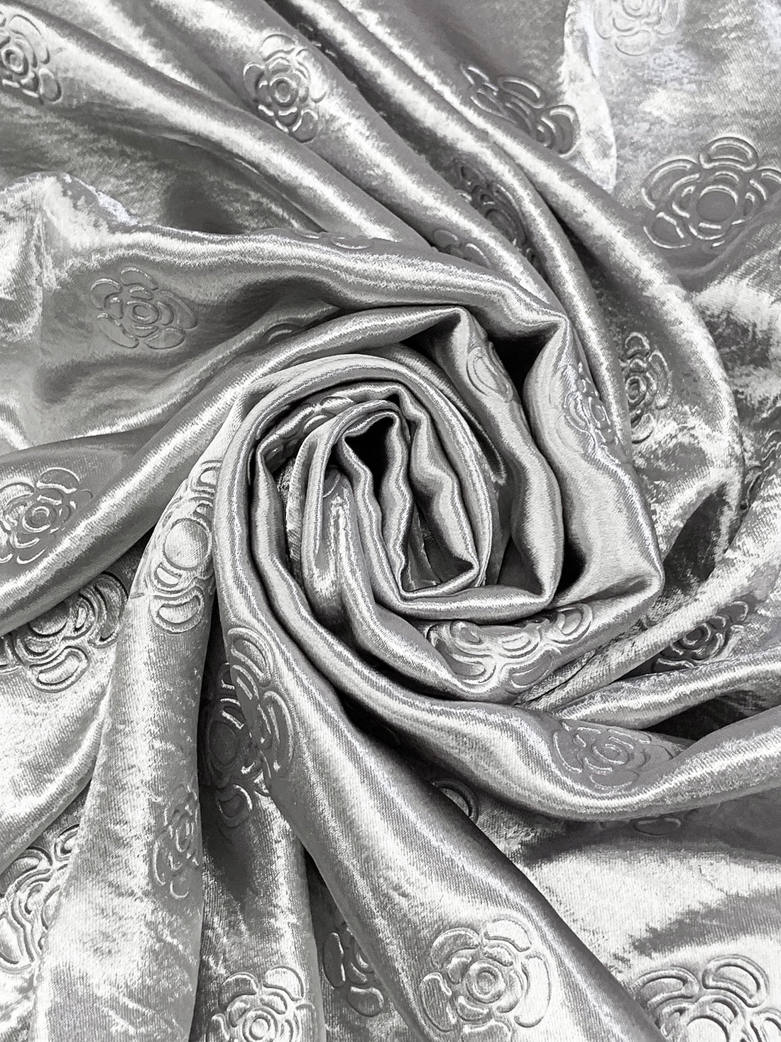 Silver 100% Polyester Embossed Floral Hammered Satin 55W