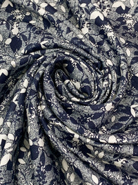Dark Navy/White 100% Rayon Floral Print Sateen Challis 57W
