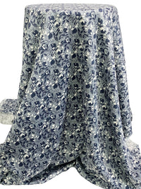 Dark Navy/White 100% Rayon Floral Print Sateen Challis 57W