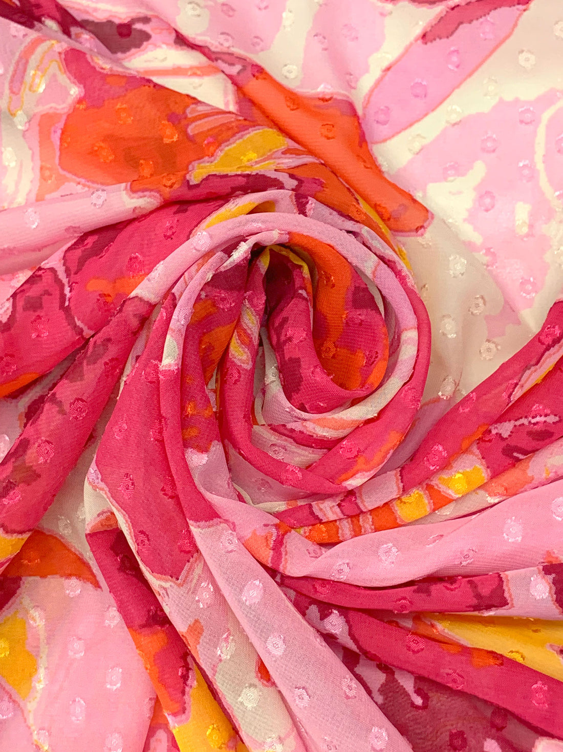 Cherry Blossom Pink/Orange Nectar/Multi 100% Polyester Floral Print Swiss Dot Chiffon - NY Designer - 57W