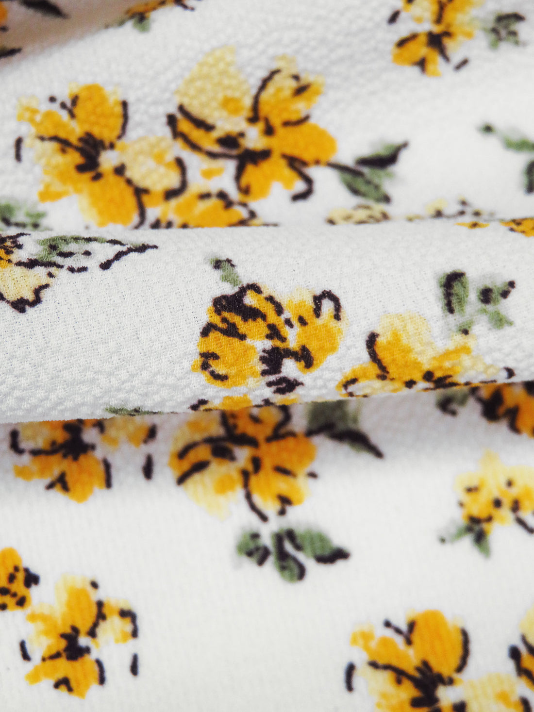 White/Golden Yellow/Sage/Dark Brown 100% Polyester Vintage Floral Print Bubble Crepe 58W