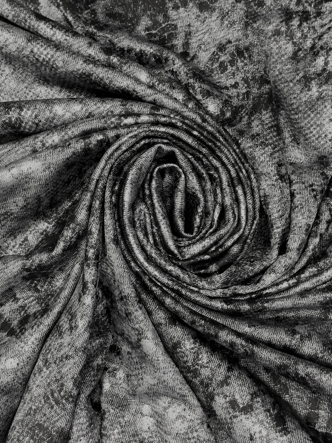 Heathered Silver Gray/Black Polyester/Lycra Distressed-Look Foil Print Space-Dyed Rib Knit 52W