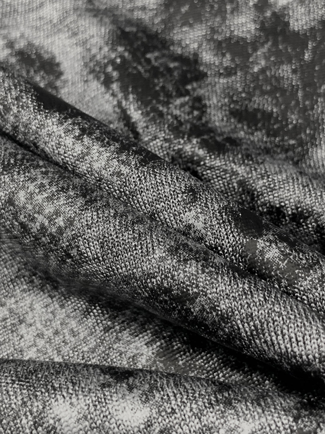 Heathered Silver Gray/Black Polyester/Lycra Distressed-Look Foil Print Space-Dyed Rib Knit 52W