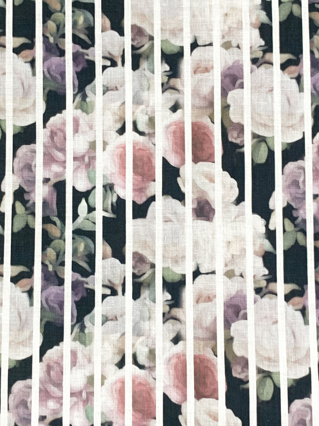 Black/Old Lavender/Eggshell/Multi 100% Linen Vertical Stripe Over Floral Digital Print Shirt Weight Woven 54W