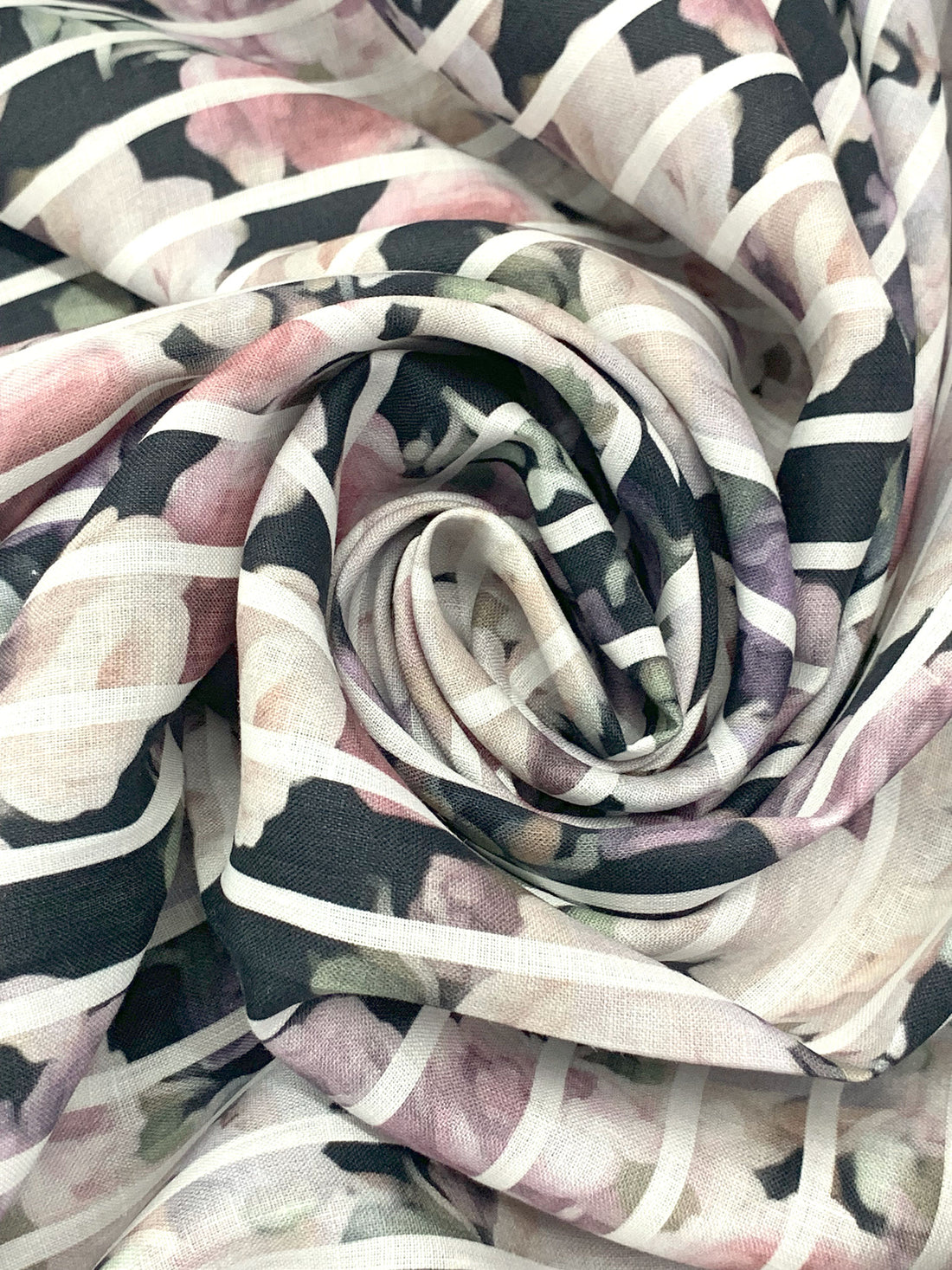 Black/Old Lavender/Eggshell/Multi 100% Linen Vertical Stripe Over Floral Digital Print Shirt Weight Woven 54W