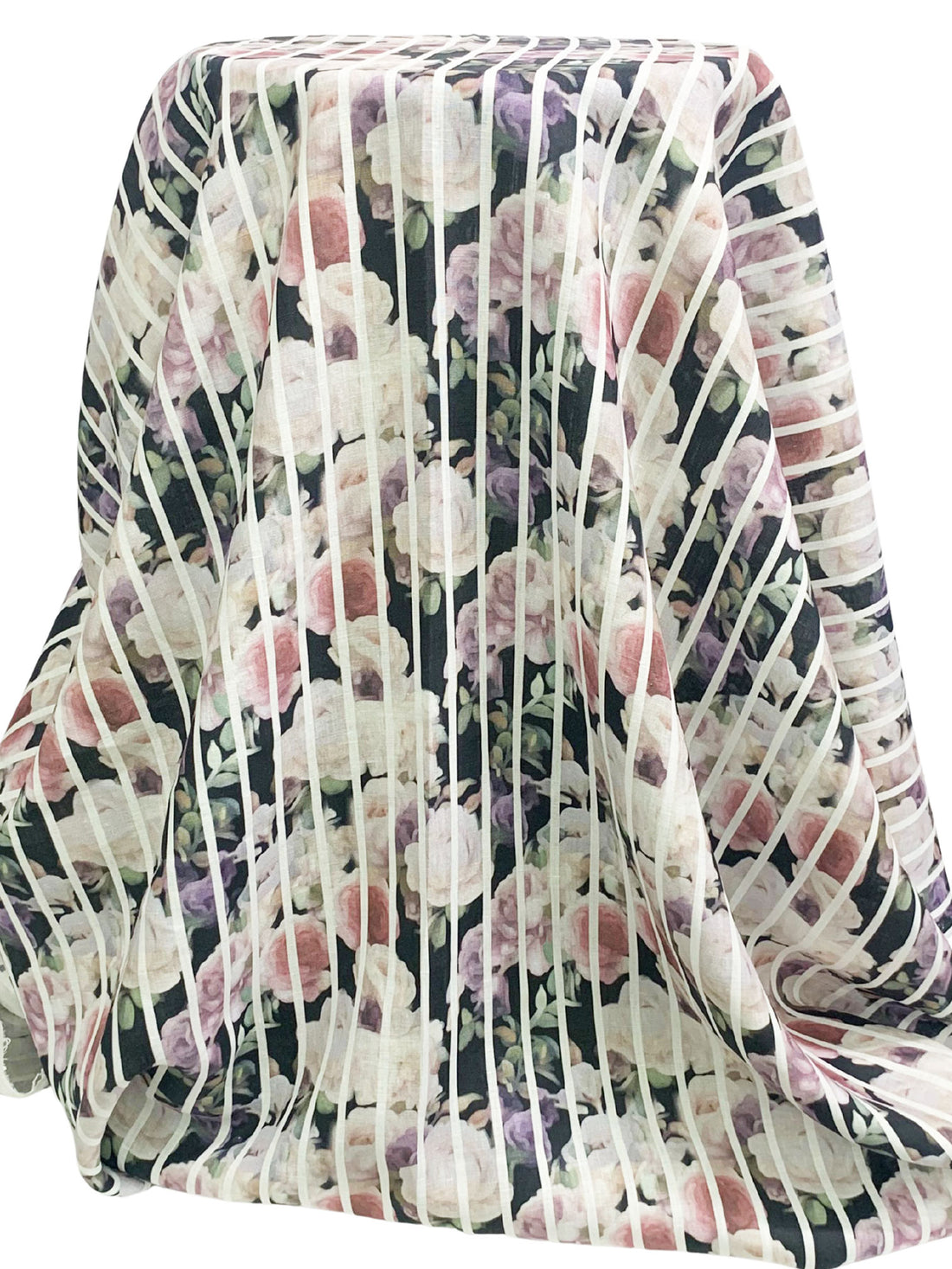 Black/Old Lavender/Eggshell/Multi 100% Linen Vertical Stripe Over Floral Digital Print Shirt Weight Woven 54W