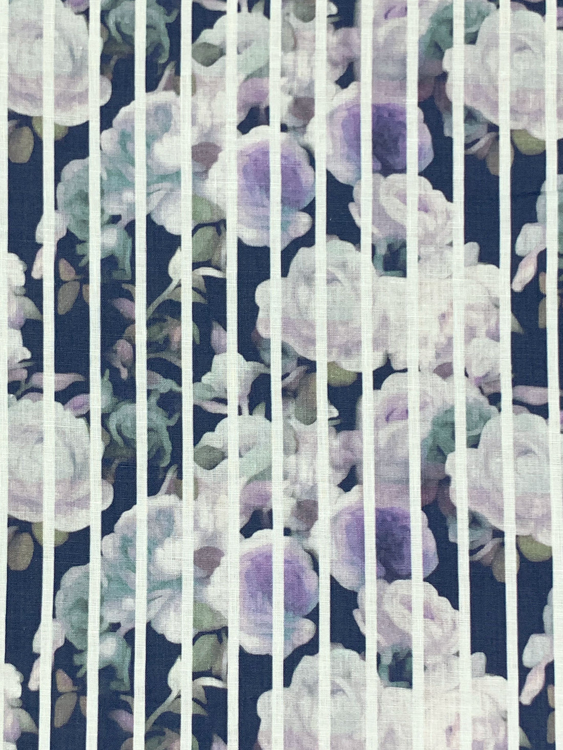 Navy Blue/Artichoke/Eggshell/Multi 100% Linen Vertical Stripe Over Floral Digital Print Shirt Weight Woven 54W