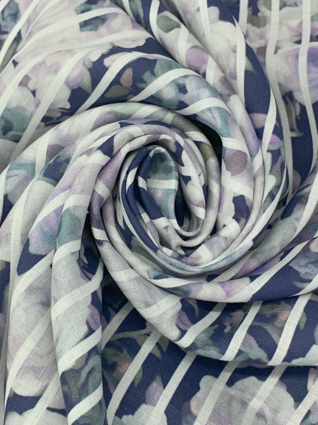 Navy Blue/Artichoke/Eggshell/Multi 100% Linen Vertical Stripe Over Floral Digital Print Shirt Weight Woven 54W