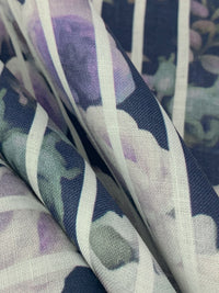 Navy Blue/Artichoke/Eggshell/Multi 100% Linen Vertical Stripe Over Floral Digital Print Shirt Weight Woven 54W