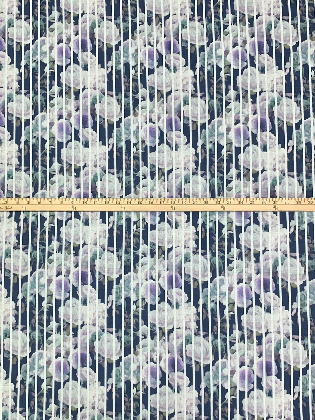 Navy Blue/Artichoke/Eggshell/Multi 100% Linen Vertical Stripe Over Floral Digital Print Shirt Weight Woven 54W