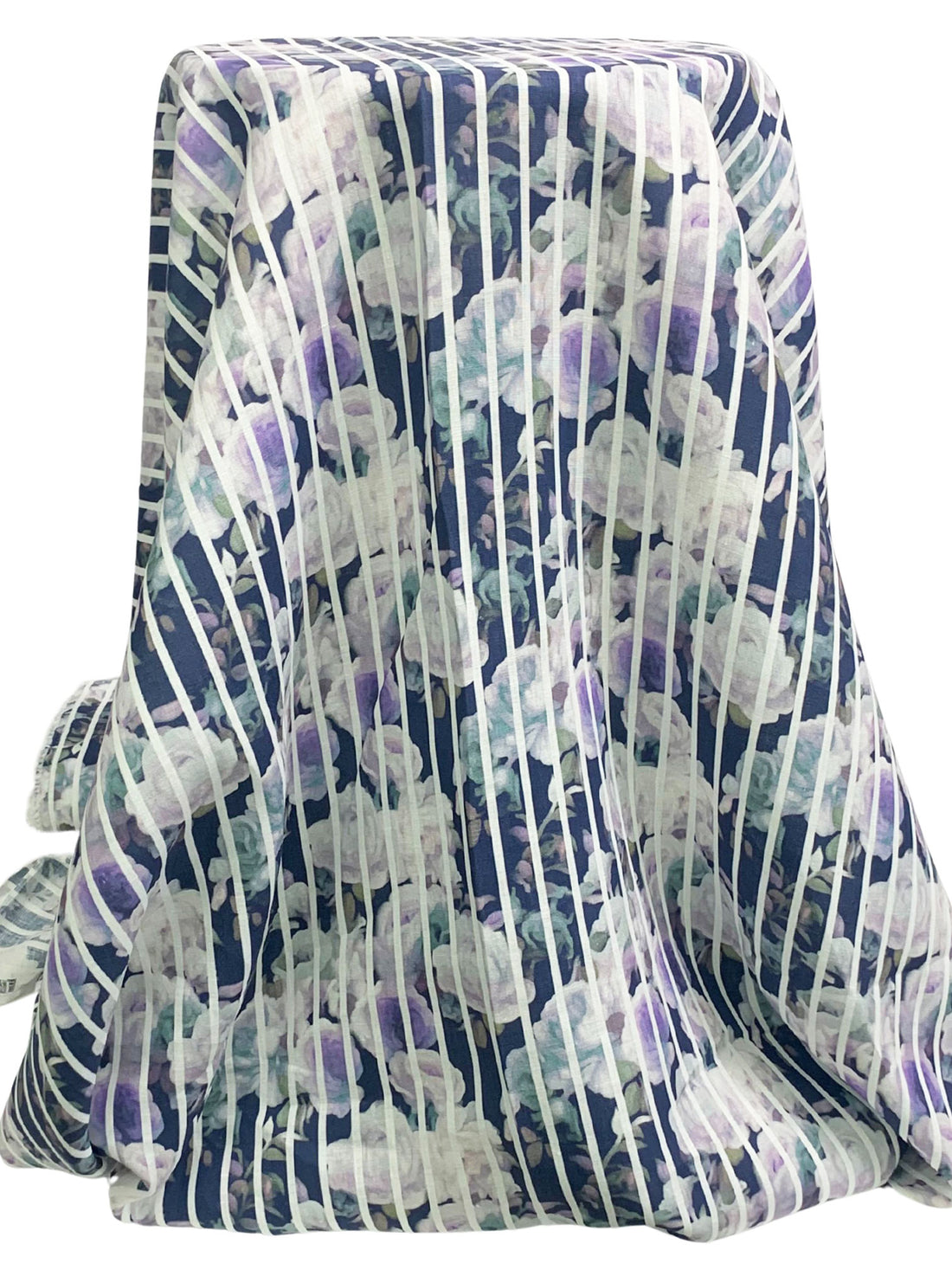 Navy Blue/Artichoke/Eggshell/Multi 100% Linen Vertical Stripe Over Floral Digital Print Shirt Weight Woven 54W