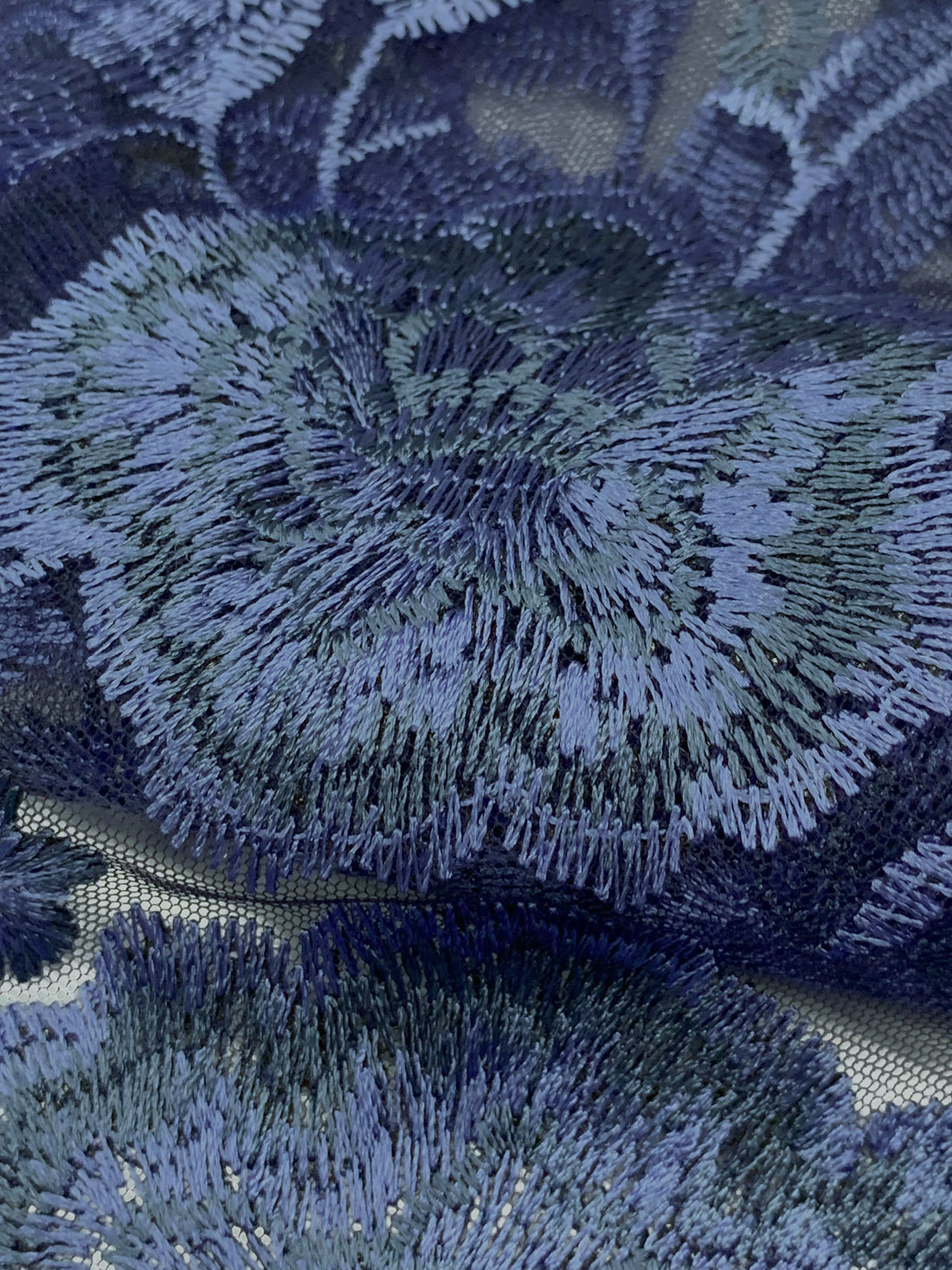 Dark Lapis Blue/Silver Lake Blue 100% Nylon Embroidered Floral Design On Netting - NY Designer - 55W