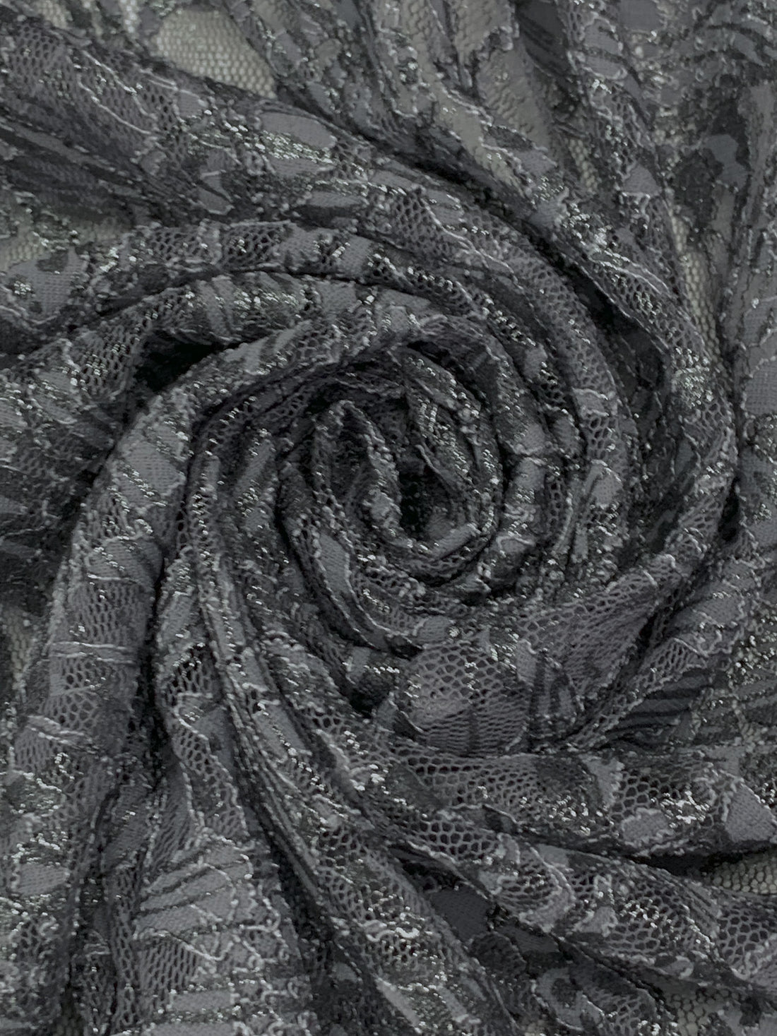 Granite/Dark Charcoal/Silver 100% Nylon Swirled Print Floral Corded Lace - NY Designer - 55W