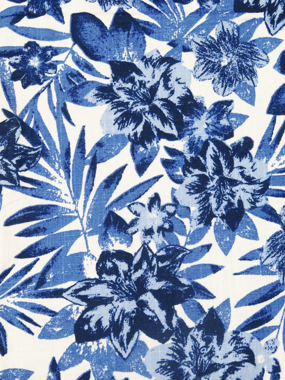 Dark Cornflower/Midnight Navy/Pale Cerulean/White 100% Cotton Tropical Floral Print Slubbed Poplin Shirting 54W