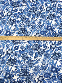 Dark Cornflower/Midnight Navy/Pale Cerulean/White 100% Cotton Tropical Floral Print Slubbed Poplin Shirting 54W