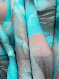 Caribbean Blue/Salmon Rose/Off-White/Multi 100% Rayon Abstract Print Challis 56W