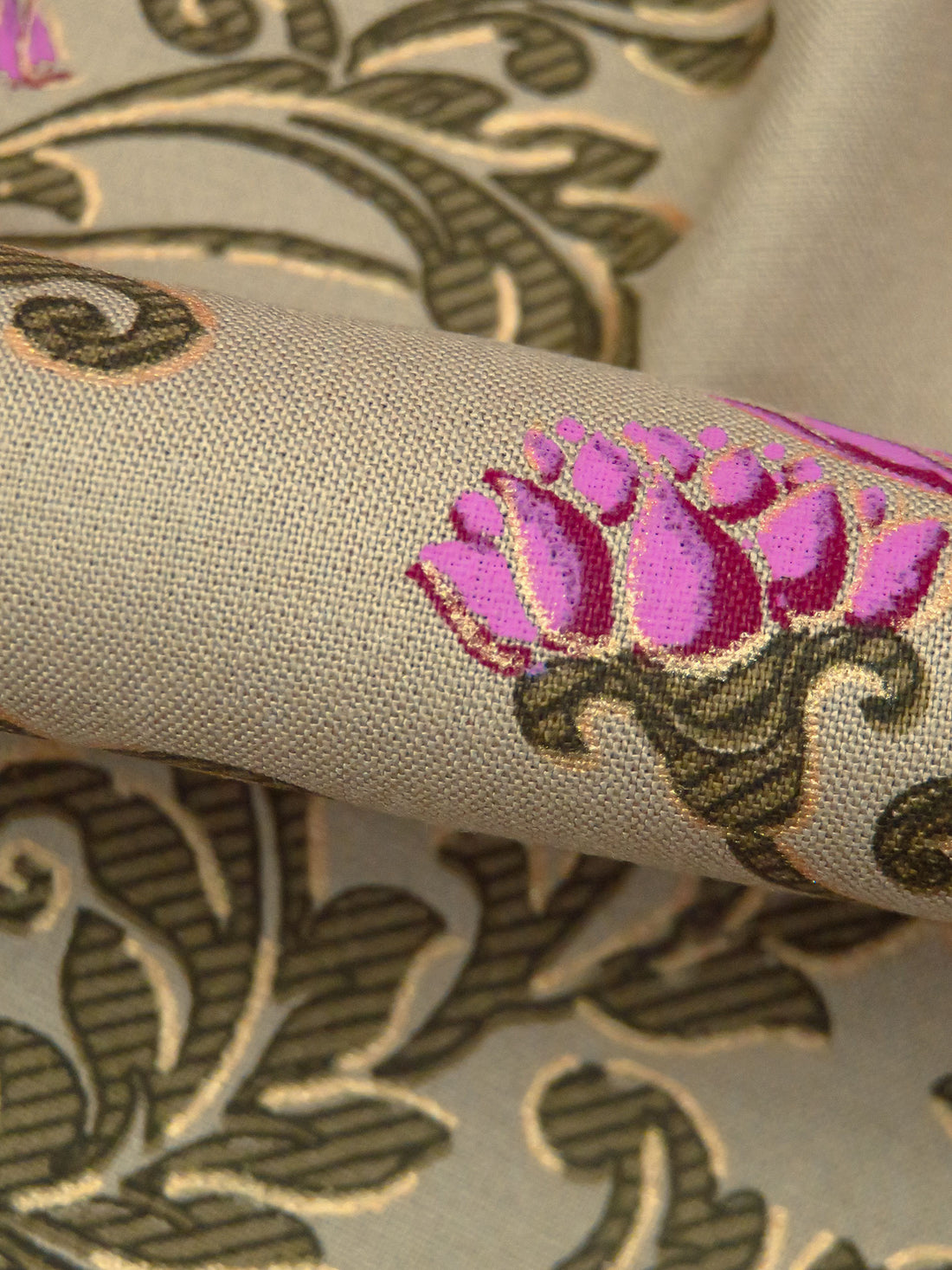 Light French Beige/Dark Green/Wild Orchid/Multi 100% Rayon Ornate Floral Print Challis 53W