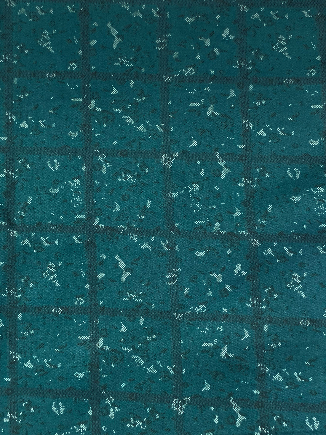 SOLD AS IS ONLY - Deep Teal/Off-White 100% Cotton Distorted Grid Print Sateen Shirting 56W