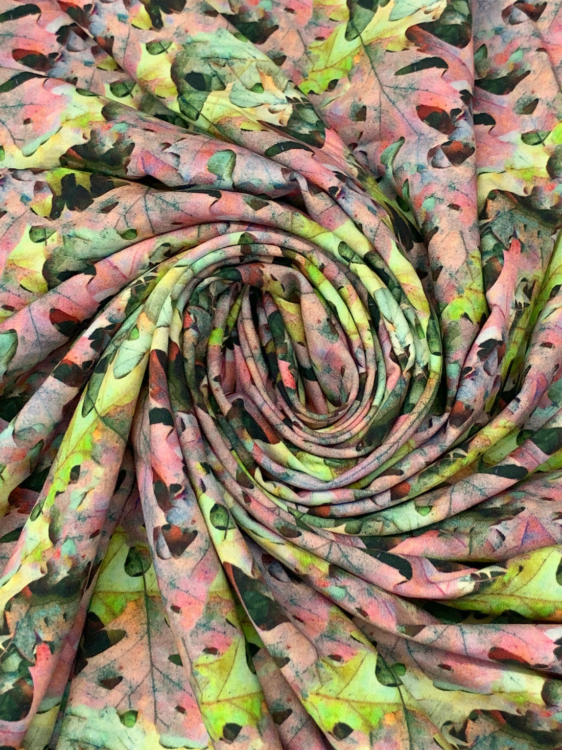 Melon/Pale Yellow/Dusty Lavender/Multi 100% Rayon Abstract Overlapping Leaves Print Challis 57W