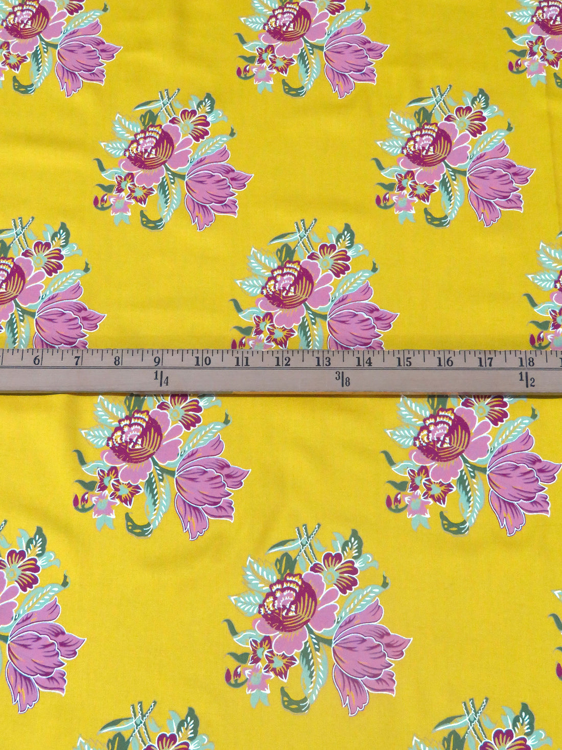 Deep Lemon/Wild Orchid/Axolotl Green/Multi 100% Rayon Floral Bouquet Print Challis 52W