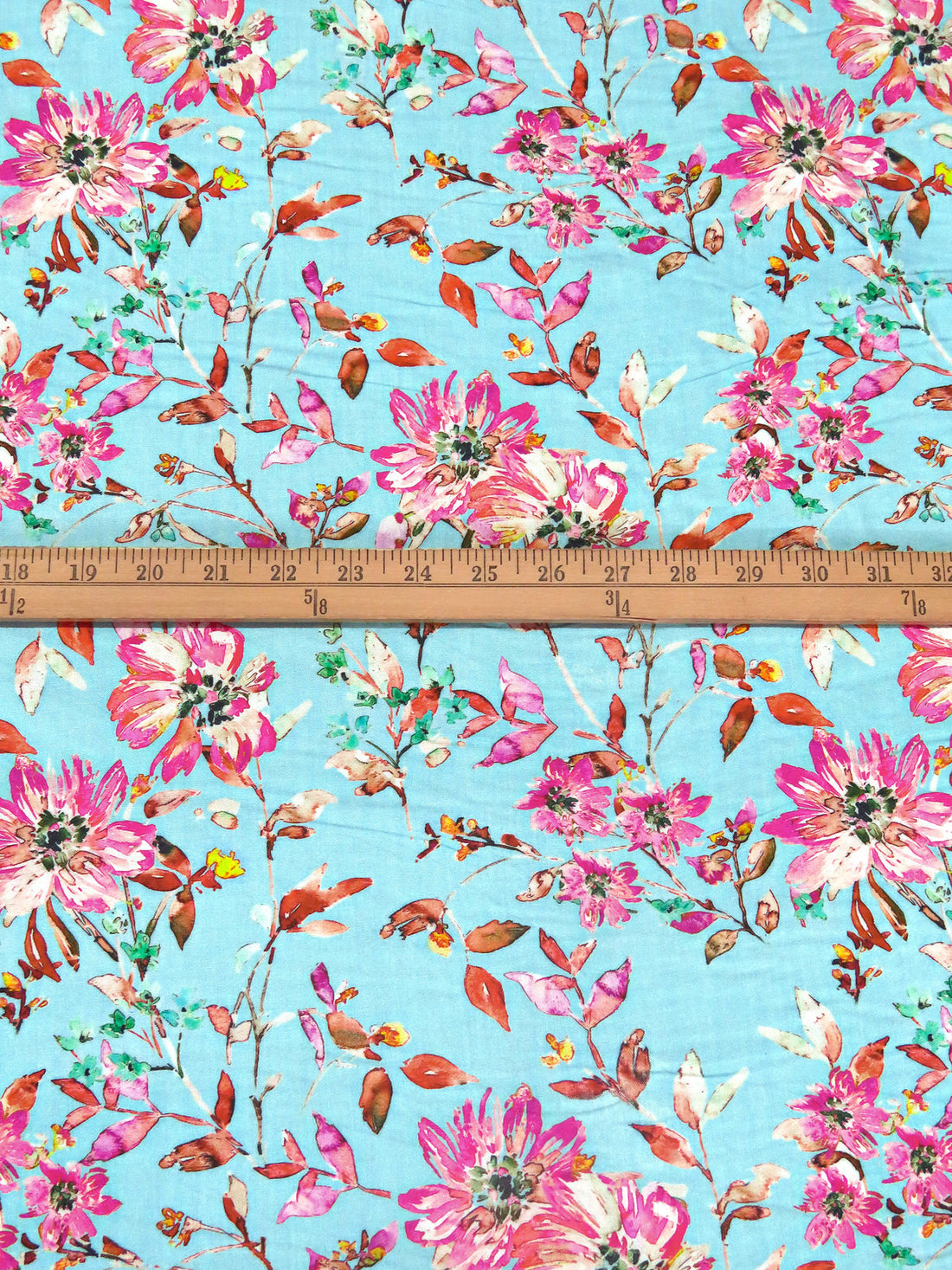 Sky Blue/Cinnabar/Royal Pink/Multi 100% Rayon Flowers and Leaves Print Challis 57W