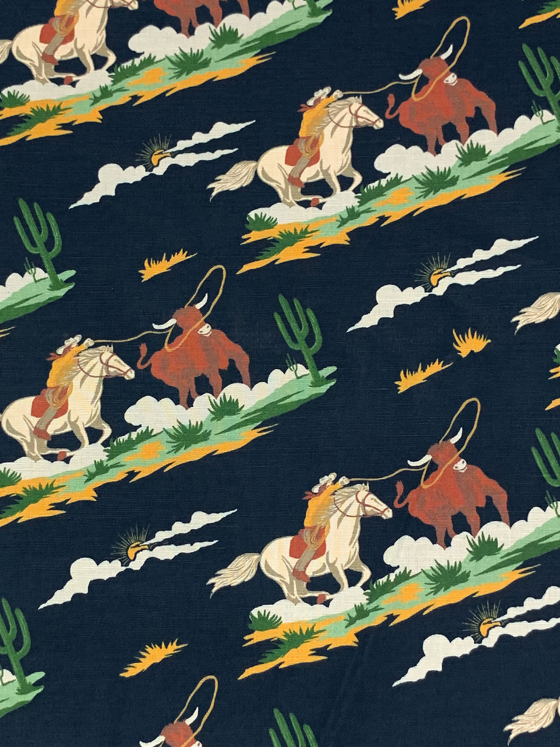 Navy/Chocolate/Goldenrod/Multi Cotton/Linen Diagonal Cowboy Print Shirt Weight Woven 56W