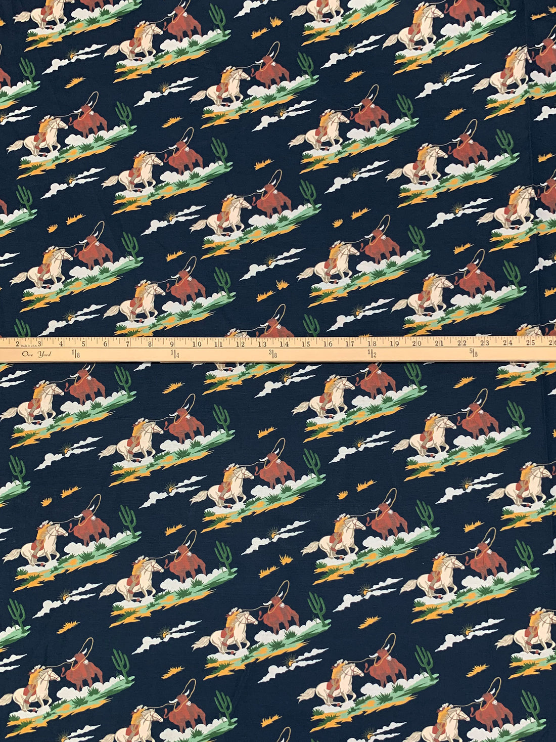 Navy/Chocolate/Goldenrod/Multi Cotton/Linen Diagonal Cowboy Print Shirt Weight Woven 56W