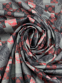 SOLD AS IS ONLY - Midnight Navy/Slate Gray/Multi 100% Cotton Multi Patchwork Print Sateen Shirting 57W