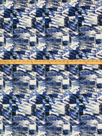 Dark Powder Blue/White/Black 100% Cotton Abstract Geometric Print Sateen Shirting 57W