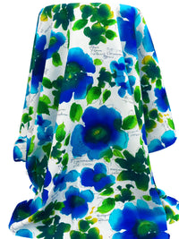 White/Forest Green/Rich Vivid Blue/Multi 100% Rayon Painterly Floral Print Challis 44W