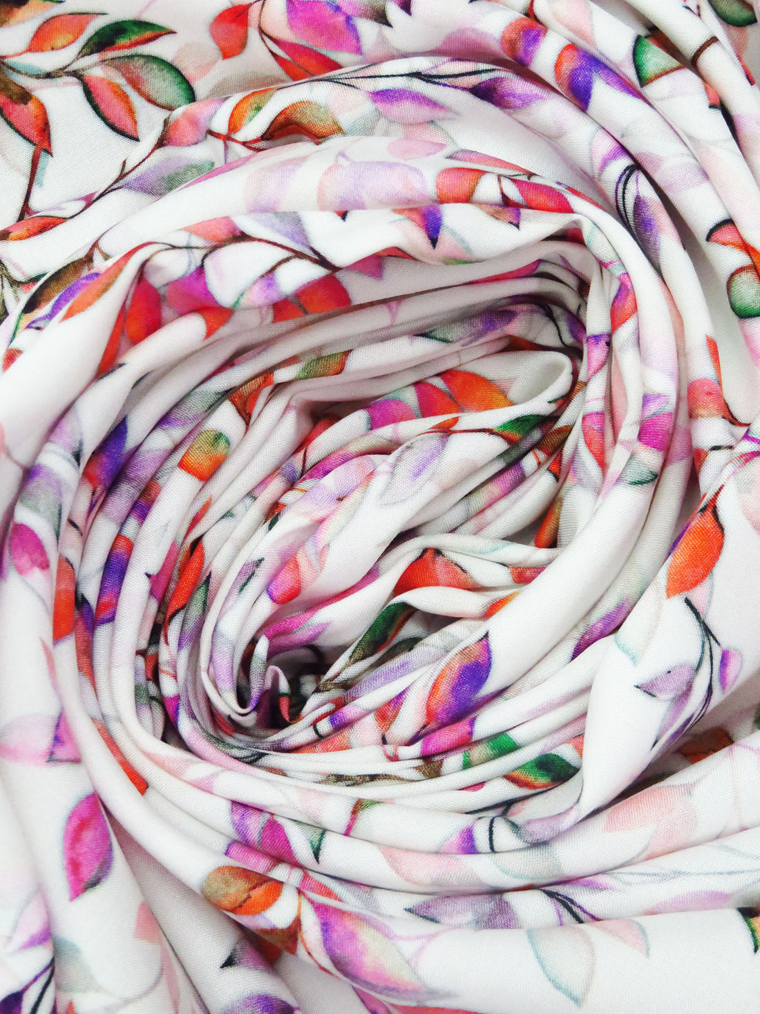 White/Deep Carrot/Deep Lilac/Multi 100% Rayon Leafy Vines Print Challis 56W