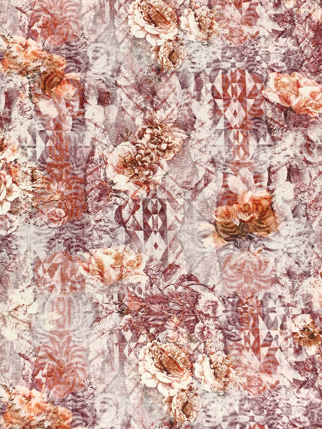 Chestnut Red/Antique Brass/Off-White/Multi 100% Rayon Floral Over Geometric Print Challis 58W