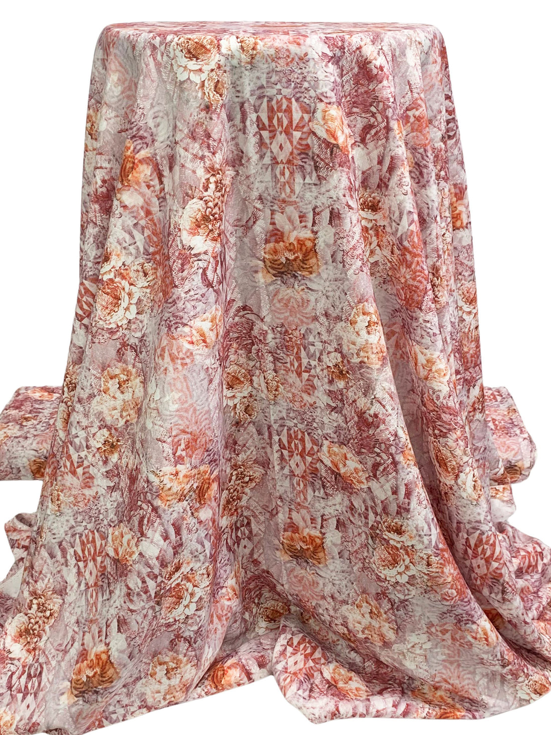 Chestnut Red/Antique Brass/Off-White/Multi 100% Rayon Floral Over Geometric Print Challis 58W