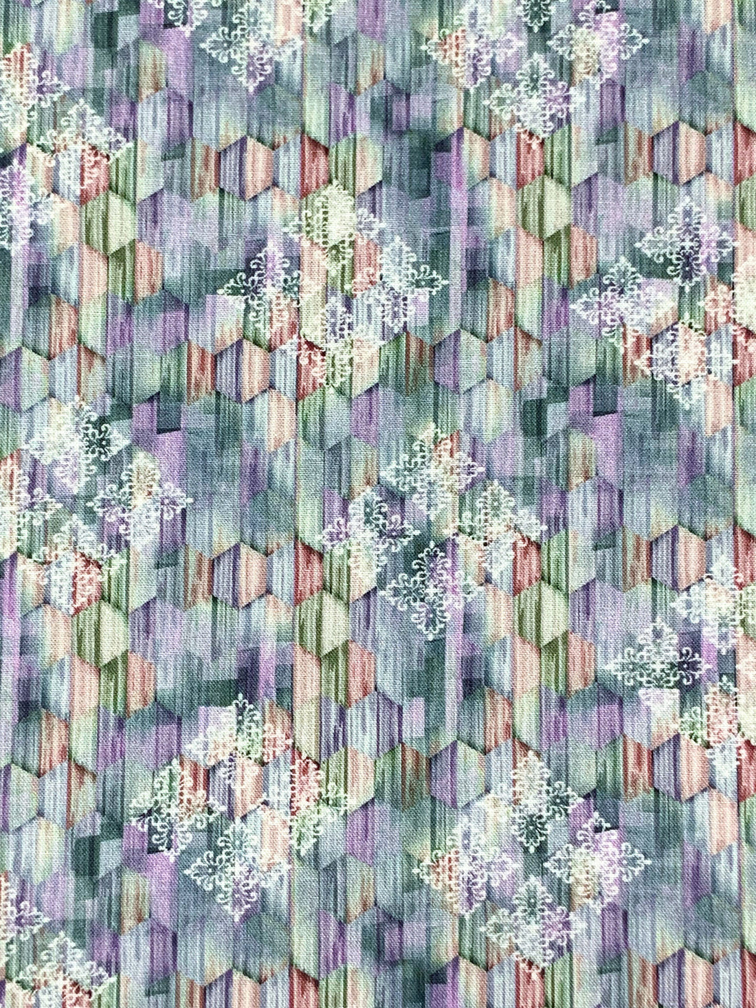 Wisteria/Army Green/White/Multi 100% Rayon Ornate Diamond Over Abstract Geometric Print Challis 58W