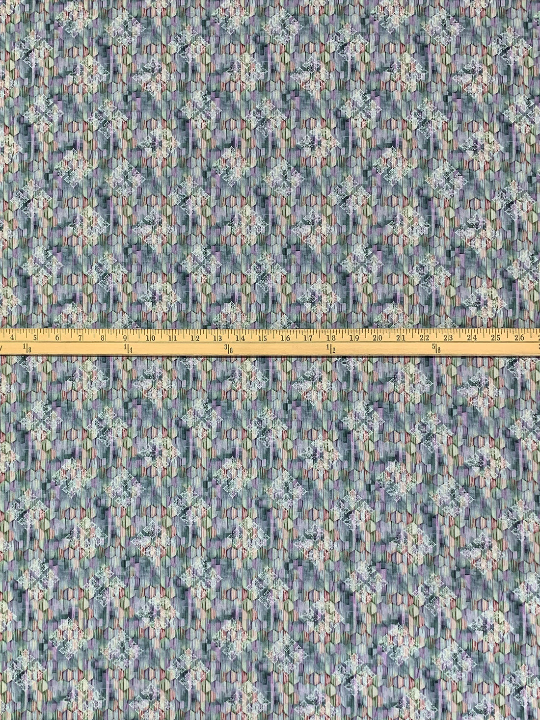 Wisteria/Army Green/White/Multi 100% Rayon Ornate Diamond Over Abstract Geometric Print Challis 58W