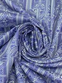 Deep Blue/White 100% Cotton Ornate Print Sateen Shirting 52W