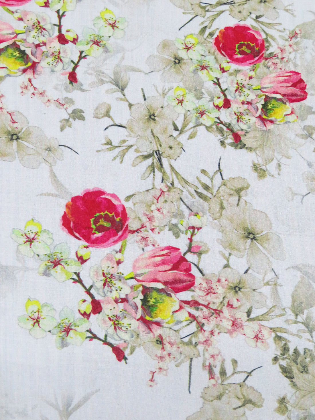 White/Cerise Pink/Lemon/Multi 100% Rayon Floral Branches Print Challis 58W