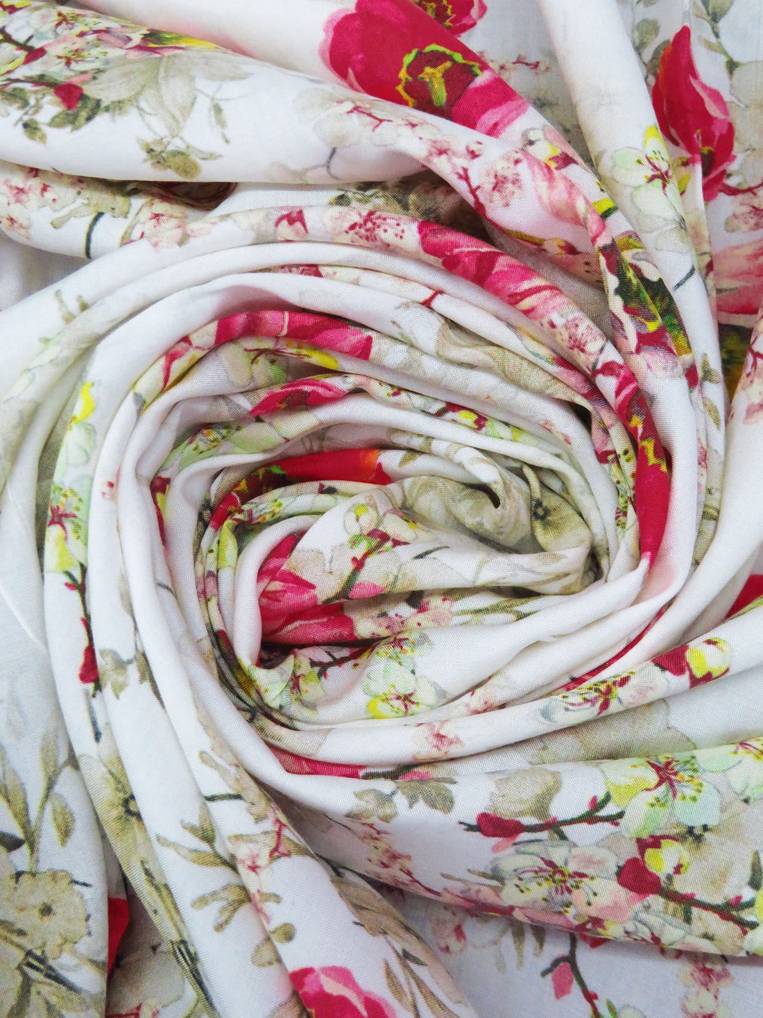 White/Cerise Pink/Lemon/Multi 100% Rayon Floral Branches Print Challis 58W