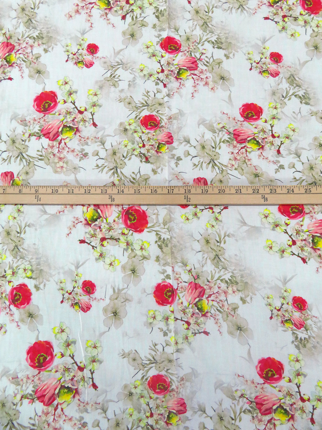 White/Cerise Pink/Lemon/Multi 100% Rayon Floral Branches Print Challis 58W