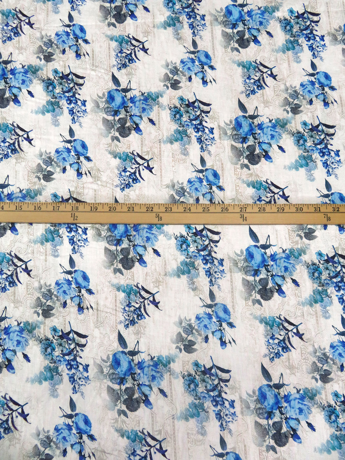 White/Azure Blue/Dark Slate Blue/Multi 100% Rayon Ornate On Floral Print Challis 53W